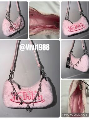 Von Dutch Pink Faux Fur Shoulder Bag with Charm Chain